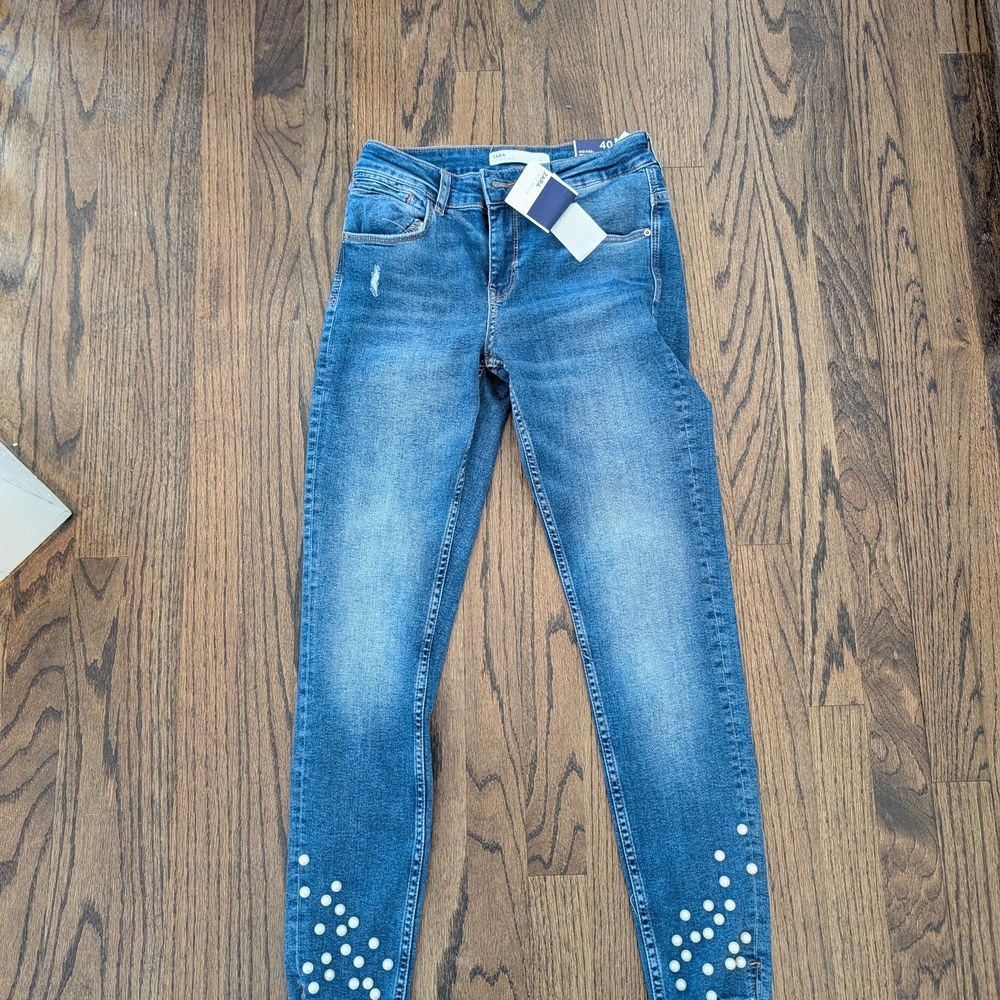Zara Women's Blue Jeans with Pearl Accents